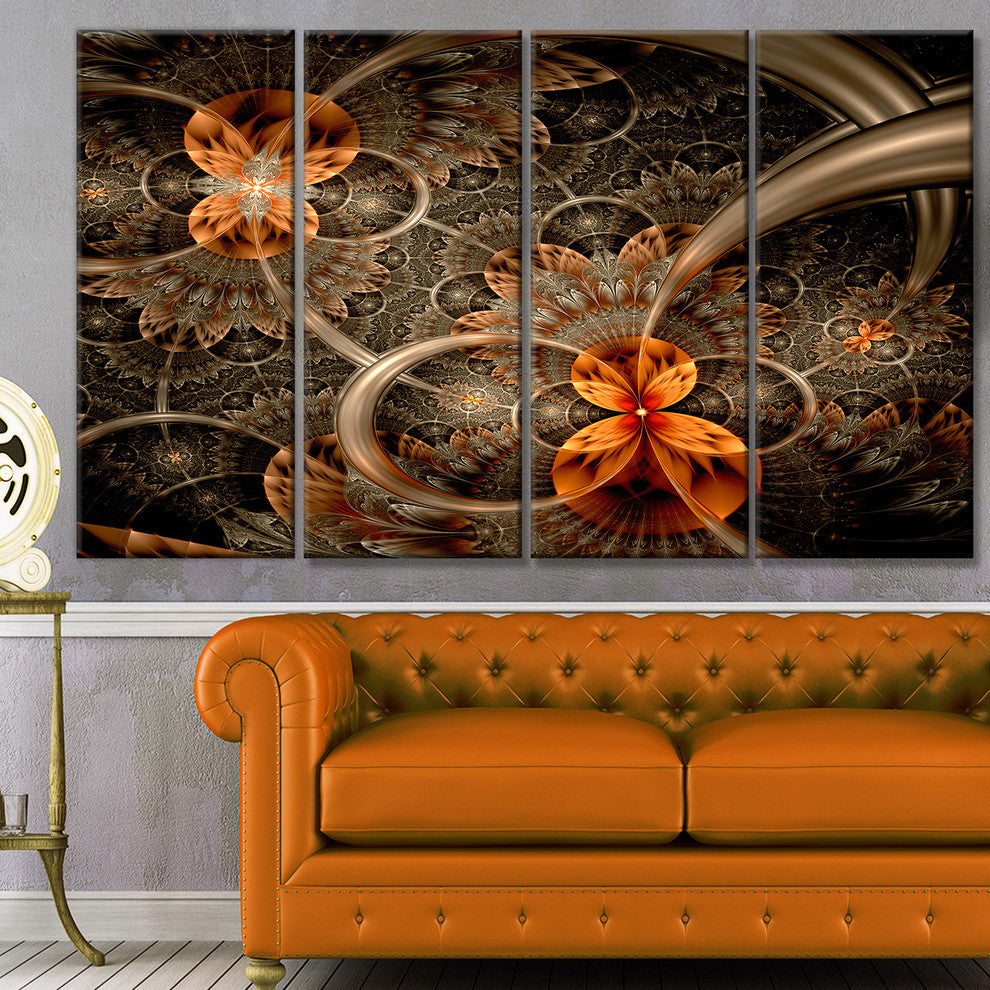 Dark Orange Symmetrical Flower, Abstract Wall Art Canvas, 48"x28", 4 Panels
