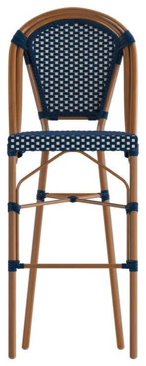 Set of 2 Stackable Indoor/Outdoor French Bistro 30" High Bar Stools, Navy & White/Natural Frame