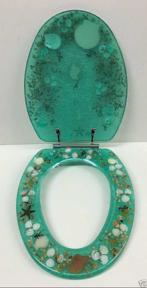 Jewel Seashell and Seahorse Resin Toilet Seat, Standard Round, Green