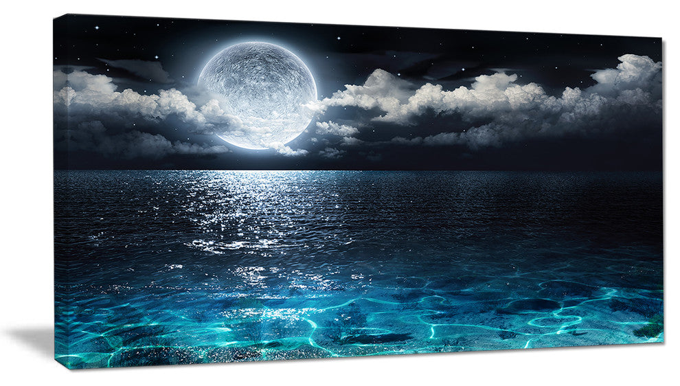 "Romantic Full Moon Over Sea" Seascape Canvas Photo Print, 32"x16"