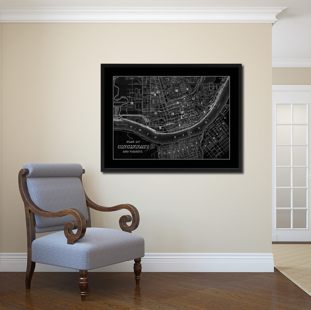 Cincinnati Vintage Monochrome Map Canvas, 16"x21"