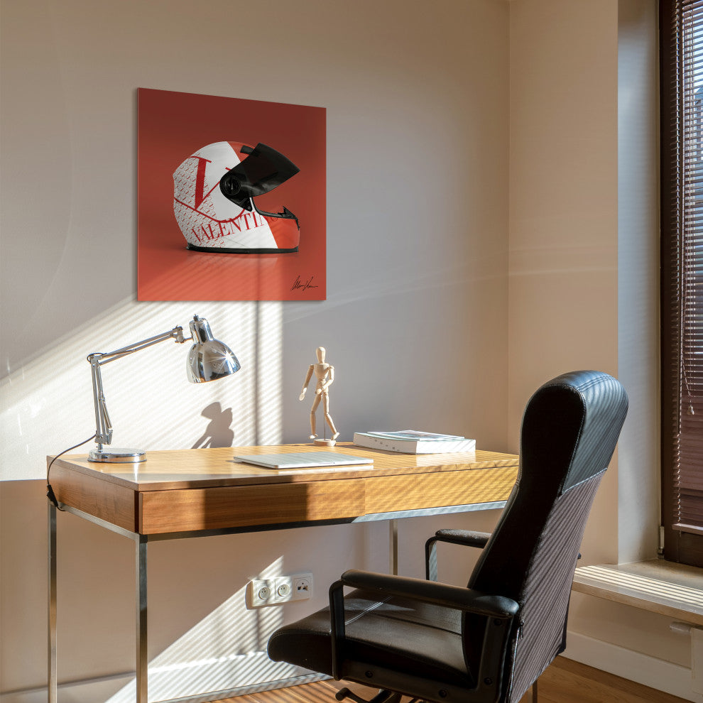 "Valentino Speeding Helmet" Frameless Floating Tempered Glass Panel Wall Art