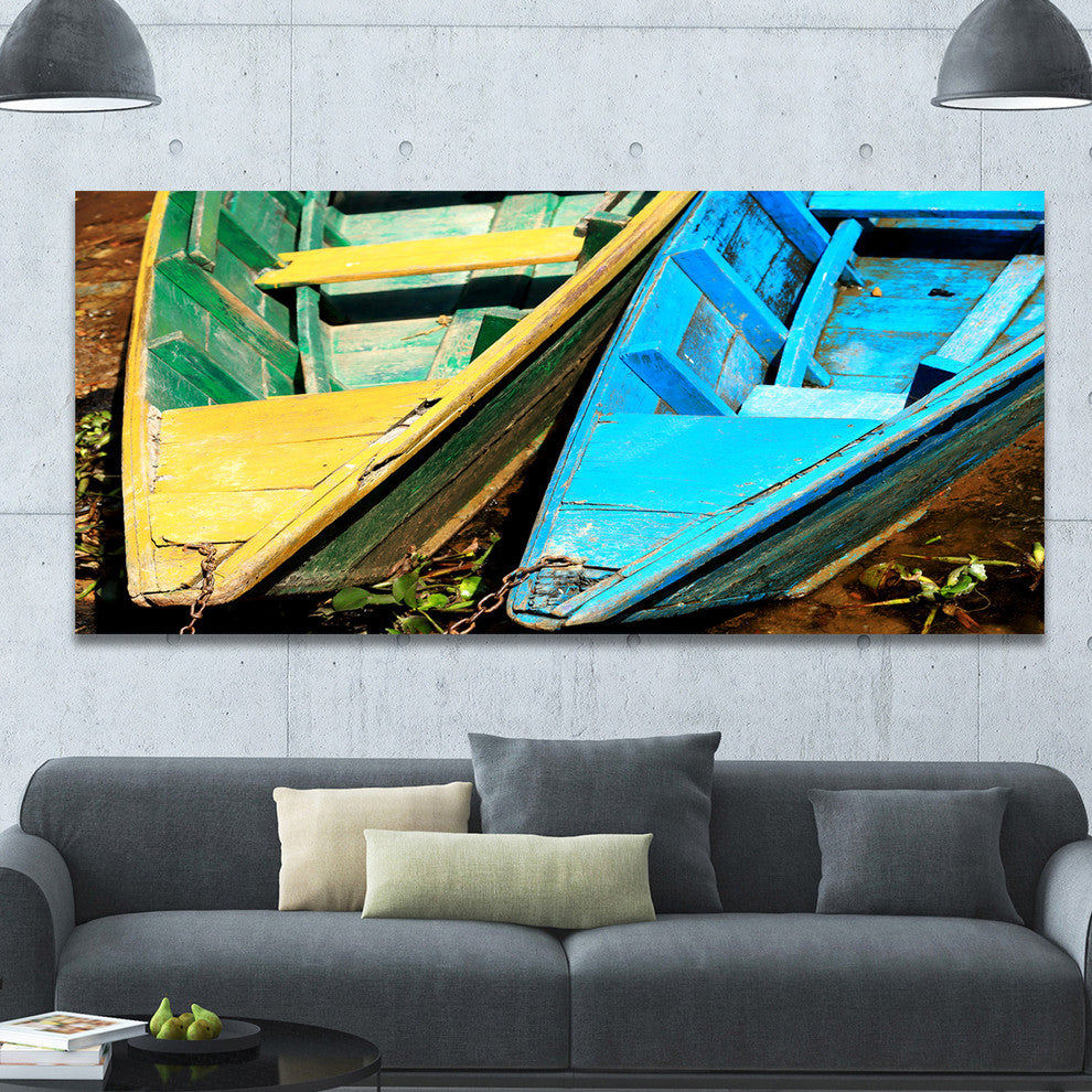 Wooden Boats on Lake Phewa, Large Boat Canvas Art Print, 60"x28"