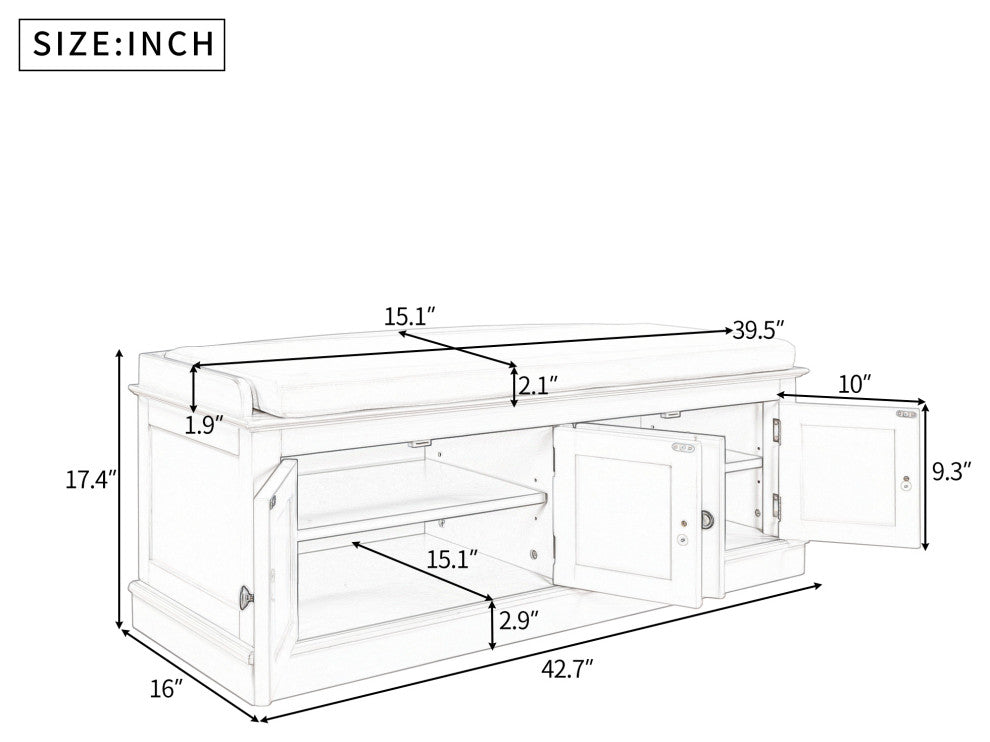TATEUS 42" Wooden Storage Bench With 4 Doors and Adjustable Shelves for Entryway, Espresso
