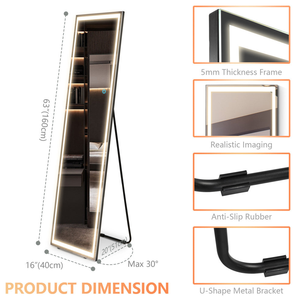 Queena Dimmable Multi-Color Touch Switch LED Full Length Floor Mirror, Black Fra