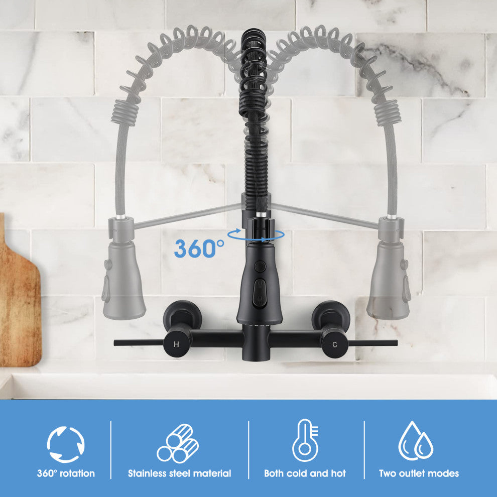 Wall Mounted Bridge Kitchen Faucet, Matte Black