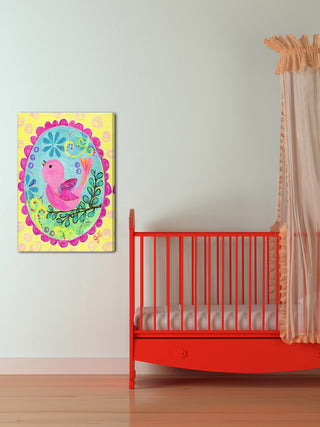 "Pink Bird Sings" Painting Print on Wrapped Canvas