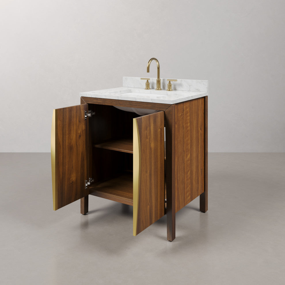 Ferrero Marble Top Bath Vanity, Nori Juglans, 30, Single Sink, Satin Gold Faucet