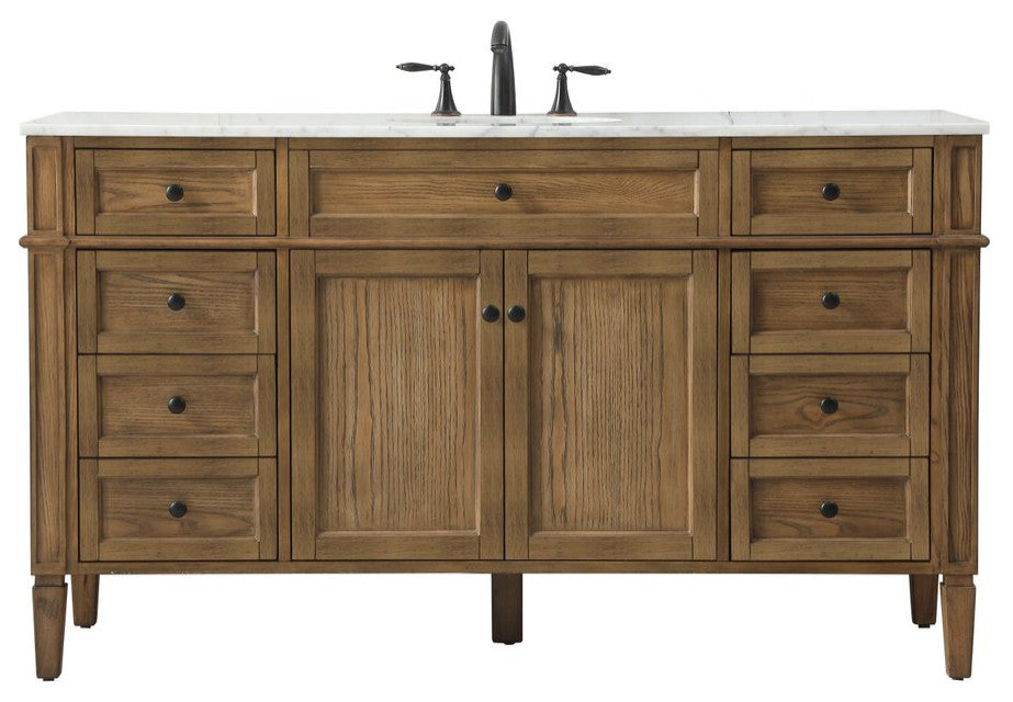 Home Living Vanity with Carrara White Marble Countertop, Driftwood, 60", Single Sink