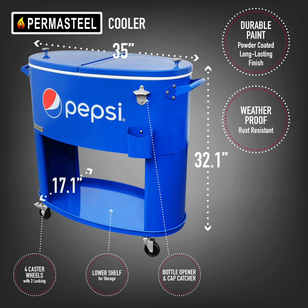 Permasteel 80 Quart Portable Rolling Oval Patio Cooler, Blue