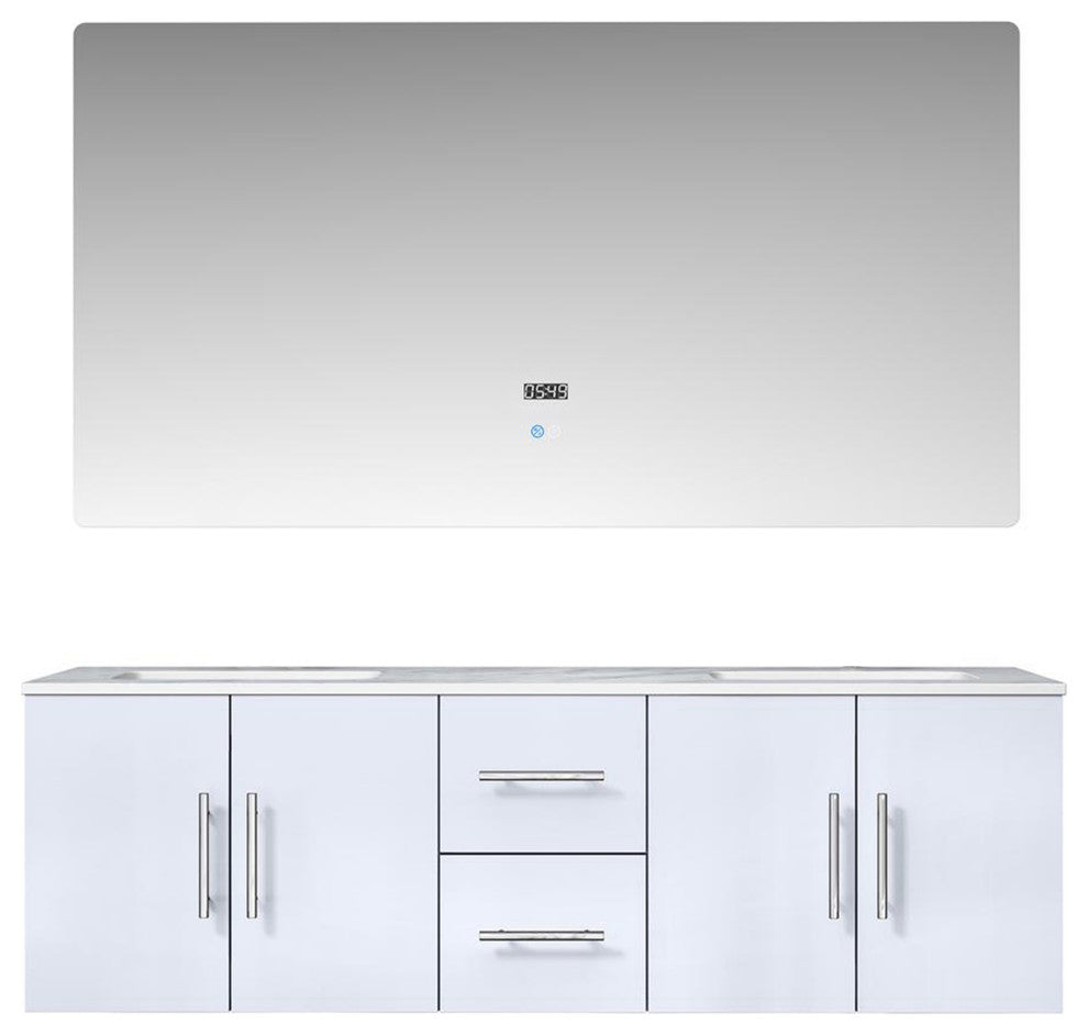 Geneva Transitional Glossy White 60" Double Vanity with 60" Led Mirror
