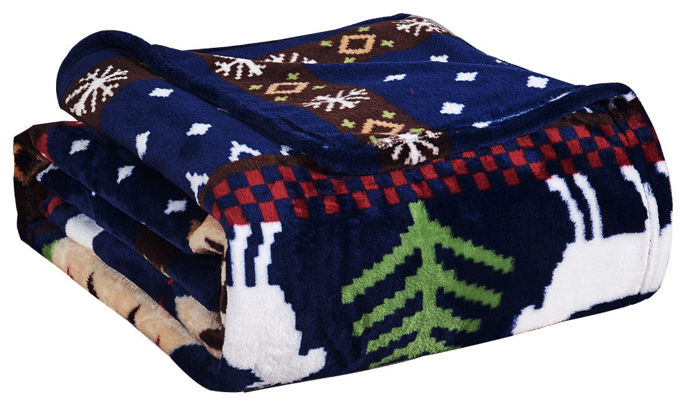 Christmas Deer Flannel Fleece Blanket, Blue Christmas Deer, Twin