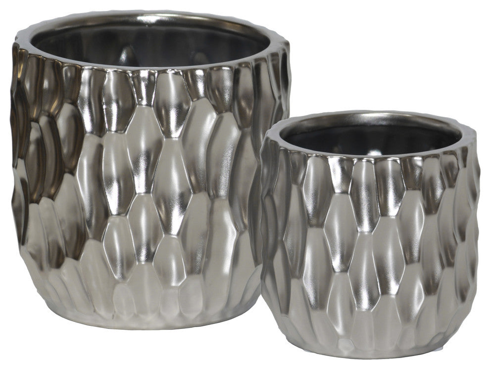 Cylindrical Pots, Wide Mouth and Embossed Rectangle Design Body, 2-Piece Silver