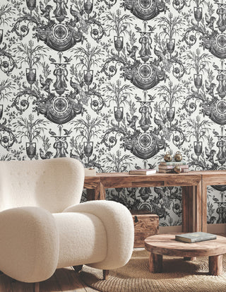 Avian Fountain Toile Black Wallpaper