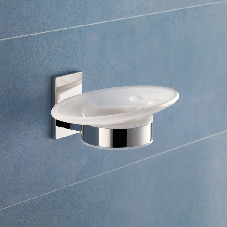Wall Mounted Round Frosted Glass Soap Dish With Chrome Mounting