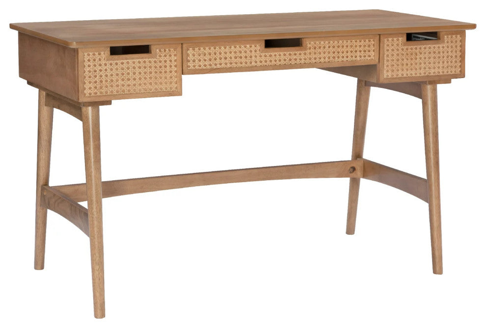 Mid Century Desk, Hardwood Frame & 3 Storage Drawers With Rattan Front, Natural