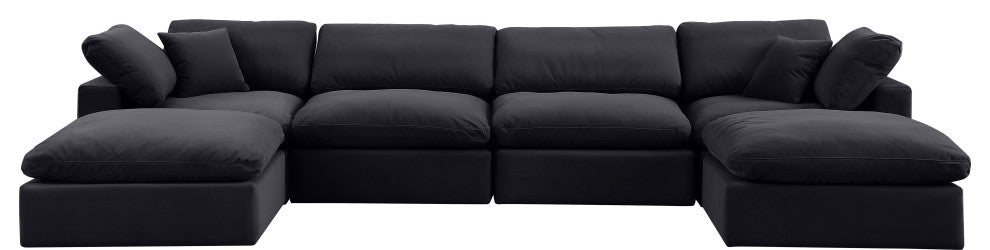 Comfy Upholstered U-Shaped Modular Sectional, Black, 6-Piece: 2 Armless Chair, 2 Corner Chair, 2 Ottoman, Velvet
