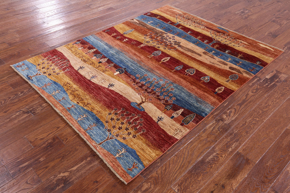 Persian Gabbeh Tribal Handmade Wool Rug 5' 0" X 6' 7" - Q12294
