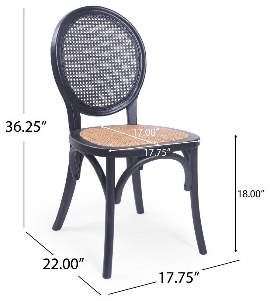 Bordeaux Elm Wood and Rattan Dining Chairs, Set of 2, Matte Black