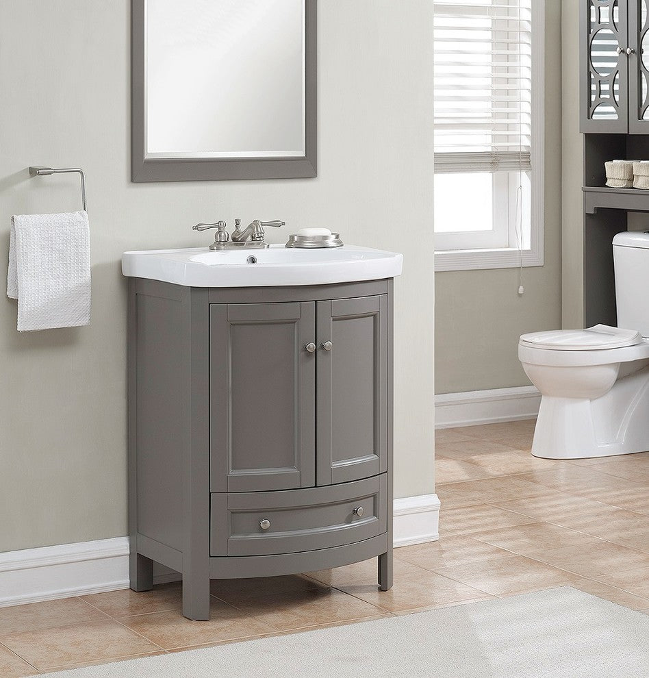 Runfine 24" Wood Gray Finish Vanity, Vitreous China Top, 2 Slow Close Doors