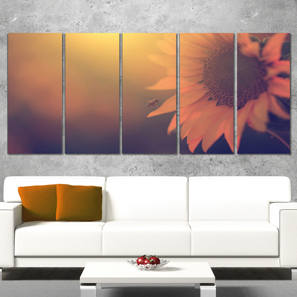 Vintage Photo Of Sunflower Close up, Floral Canvas Print, 60"x28", 5 Panels