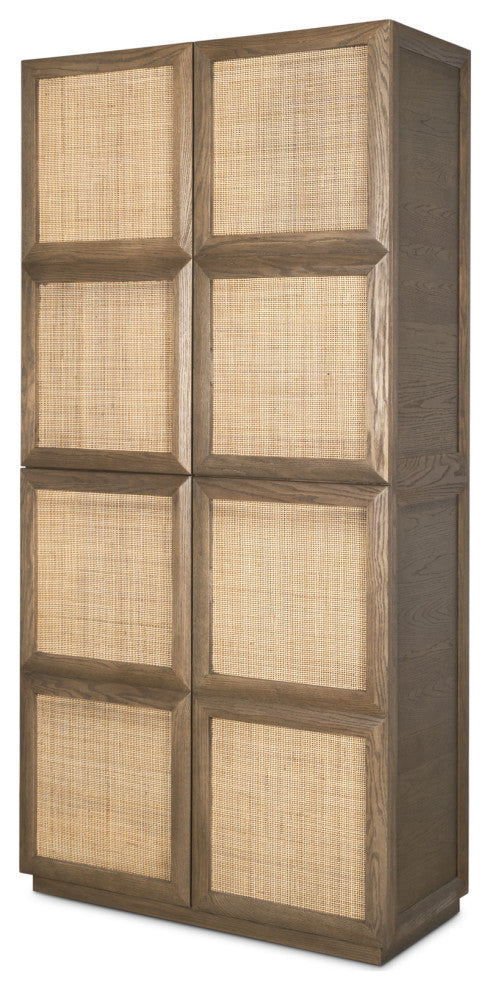 Sina Gray Brown Oak Wood w/ Natural Rattan 2 Door Curio Cabinet