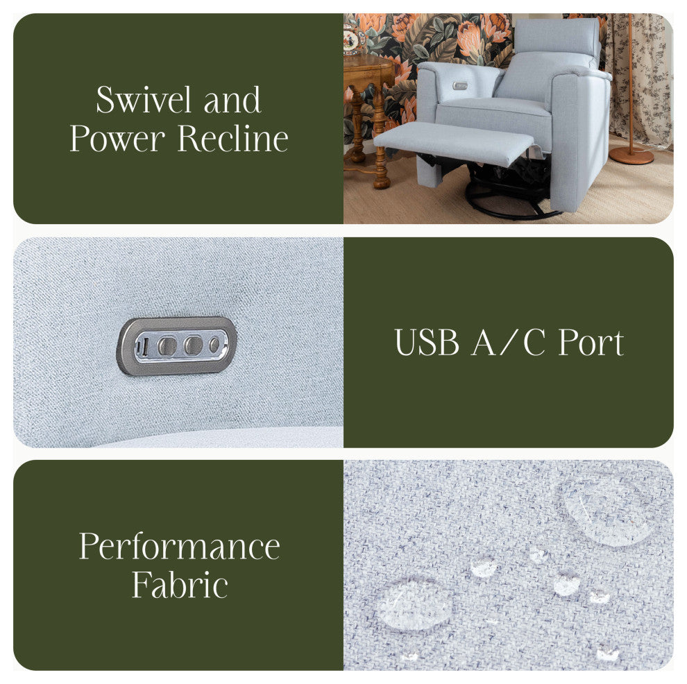 Willa Plus Power Glider Recliner w/ Power Headrest, Performance Blue Chambray Eco-Twill