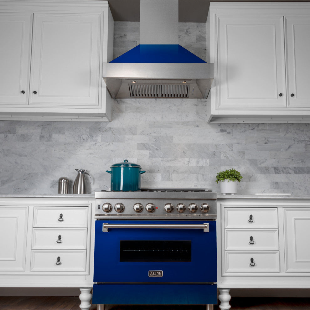 36" DuraSnow Stainless Steel Range Hood With Blue Gloss Shell, 8654BG-36