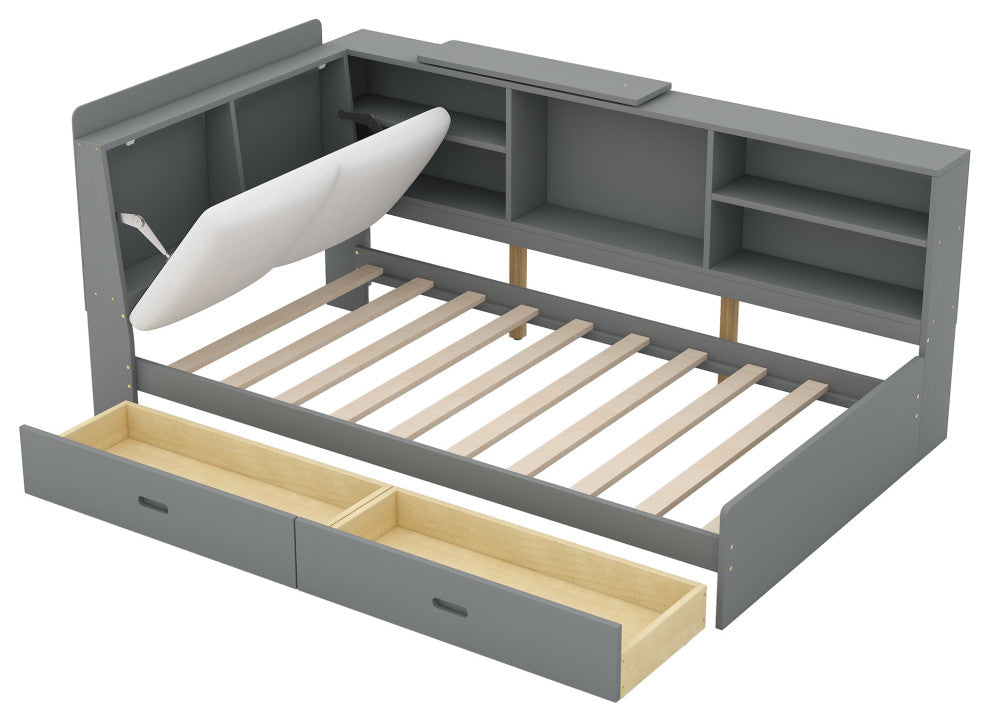 Gewnee Wood Twin Size platform bed with Storage Headboard
