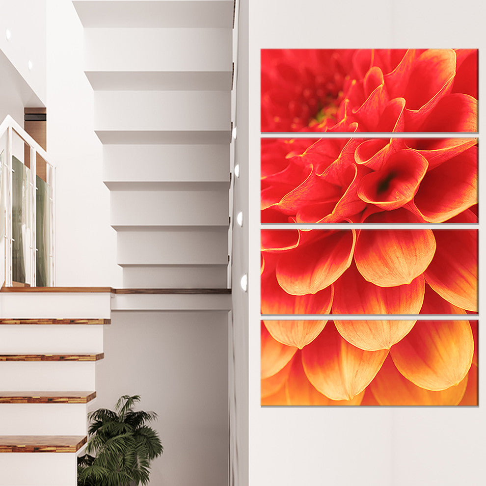 Abstract Orange Flower and Petals, Floral Canvas Art Print, 28"x48", 4 Panels