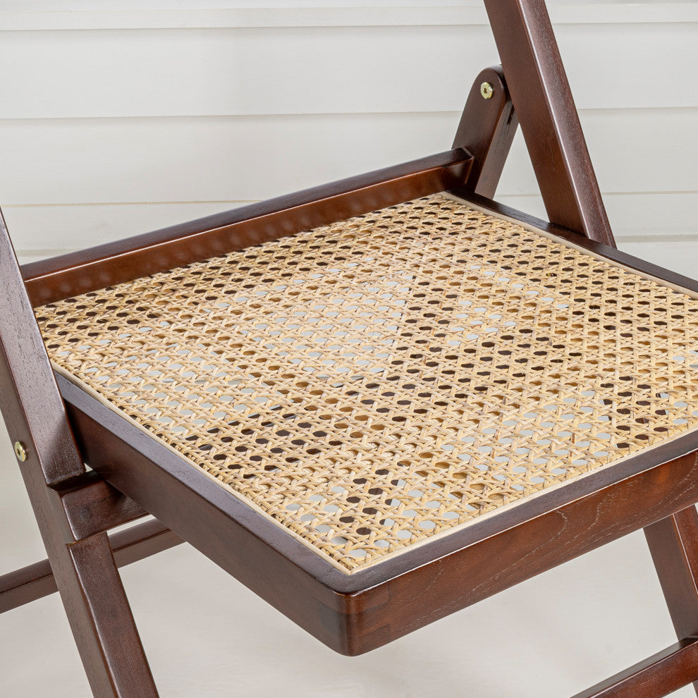 Vintage Wood Rattan Folding Chair With Adjustable Back, Dark Brown, Set of 2