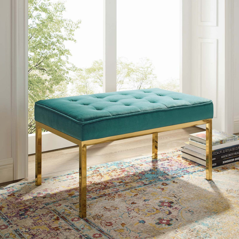 Modern Designer Lounge Accent Chair Bench, Velvet Fabric, Gold Aqua Blue