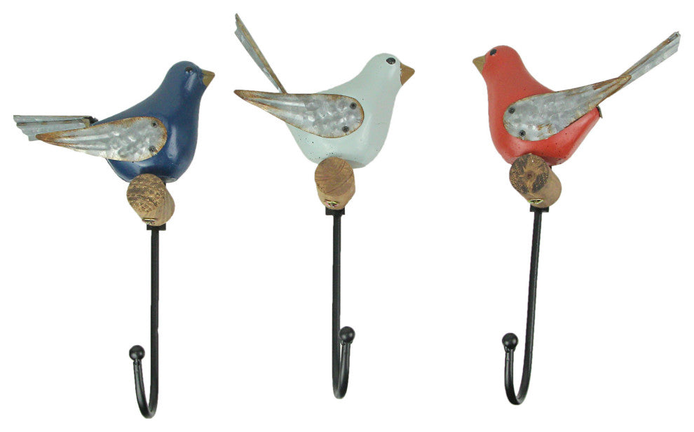 Red Blue White Wood Metal Bird Wall Hook Coat Hanger Towel Key Holder Set of 3
