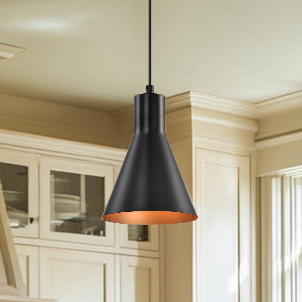 1-Light Matte Black Metal Cone Hanging Kitchen Pendant Light