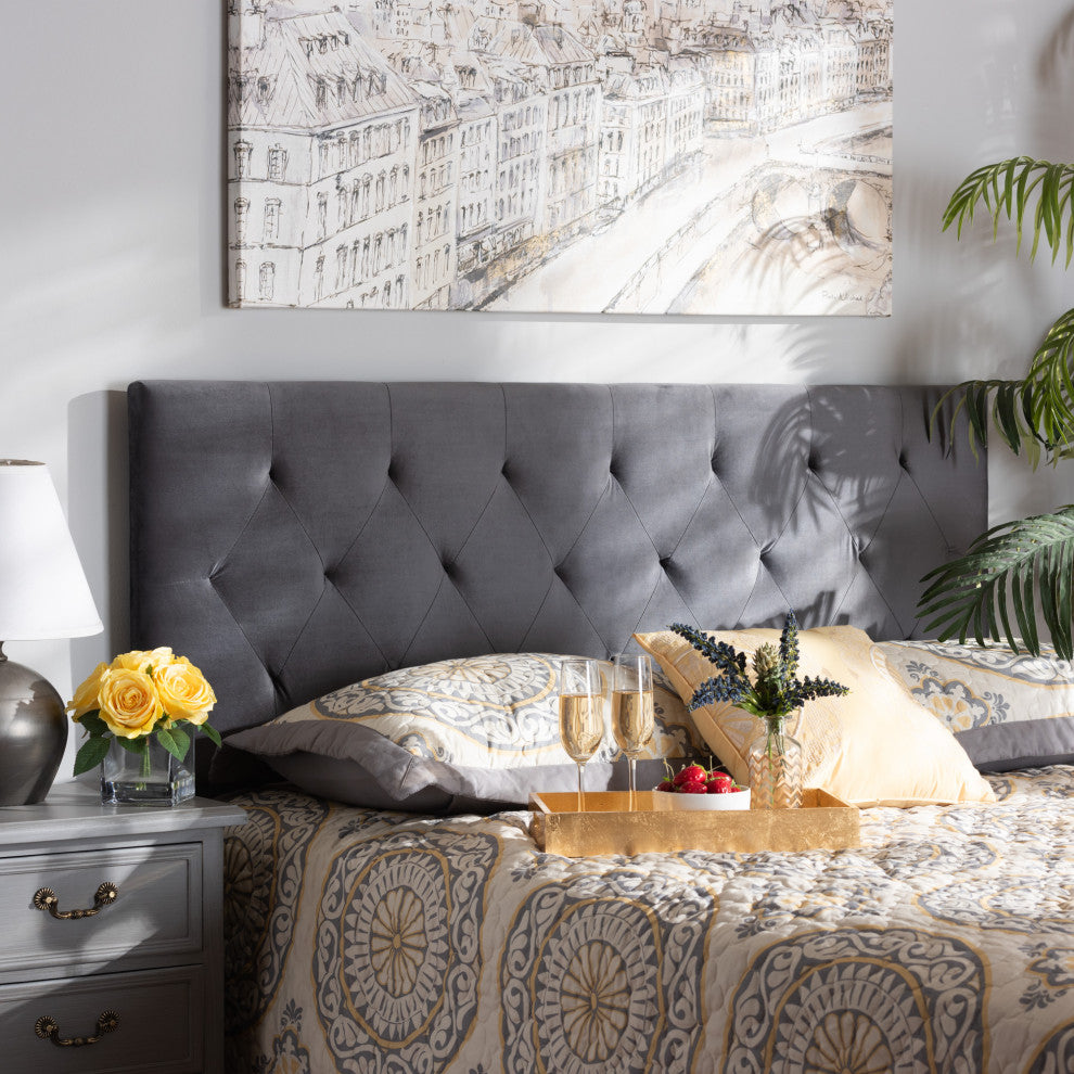 Francesca Modern Velvet Fabric Upholstered Headboard Queen, Gray