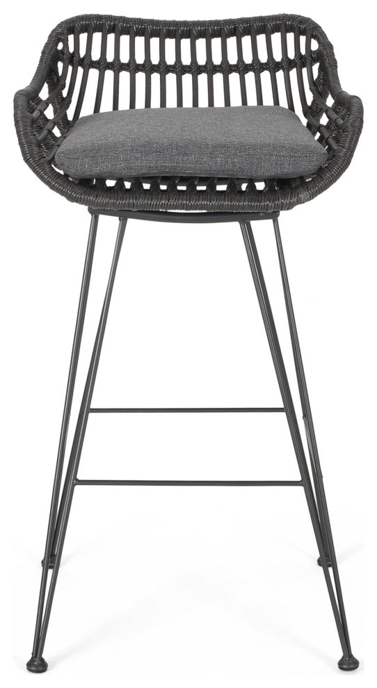 Lisa Outdoor Wicker Barstools with Cushions, Set of 2, Gray, Black, Dark Gray
