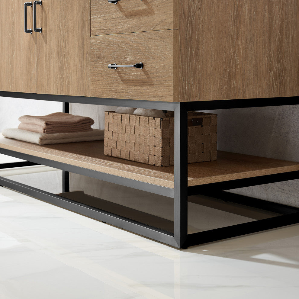 Alistair Vanity, North American Oak, Matte Black Hardware, 60" Single Sink, With Mirror