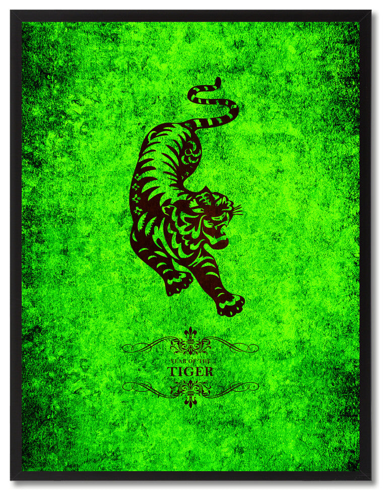 Tiger Chinese Zodiac Green Print on Canvas with Picture Frame, 22"x29"