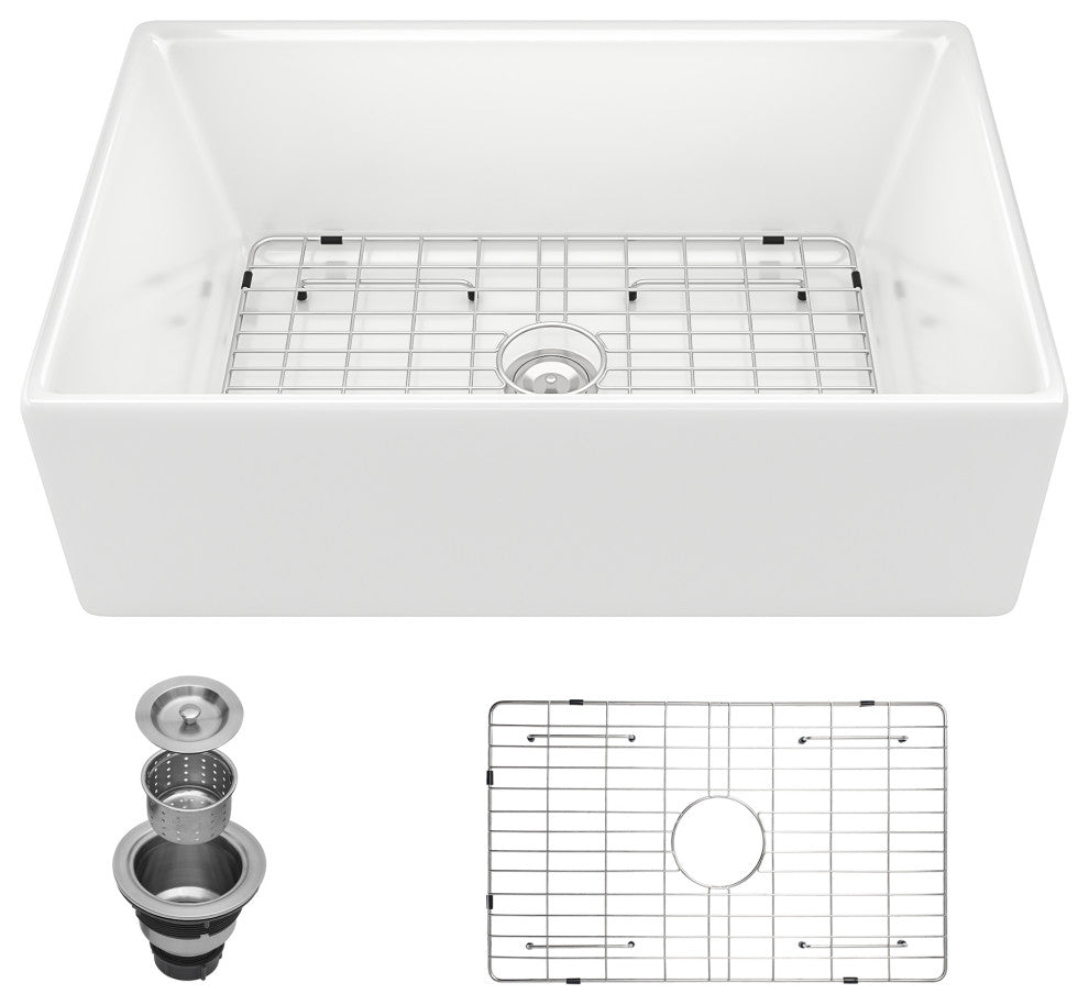 White Ceramic Kitchen Sink Single Bowl Porcelain Basin, 30"x20"x10"