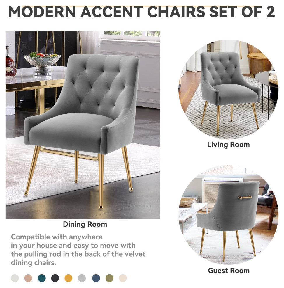 SEYNAR Elegant Velvet Dining Chairs Set of 2, Tufted Upholstered Accent Chair, Grey