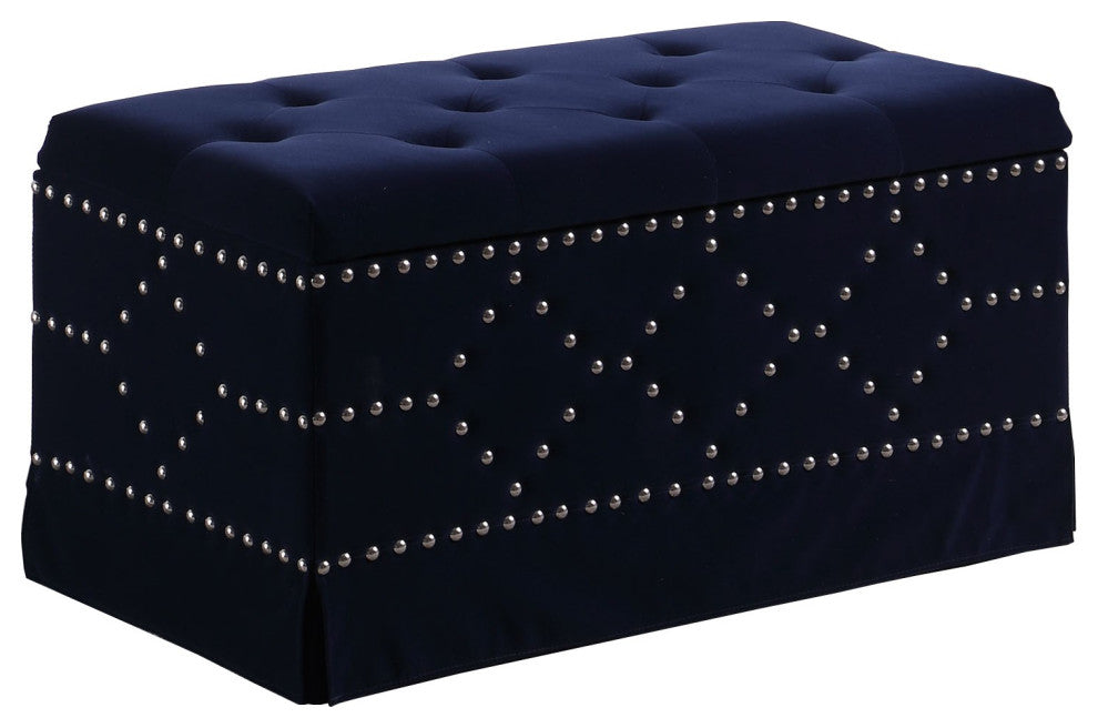 Deep Blue Velvet Nailhead Storage Bench With Ottomans