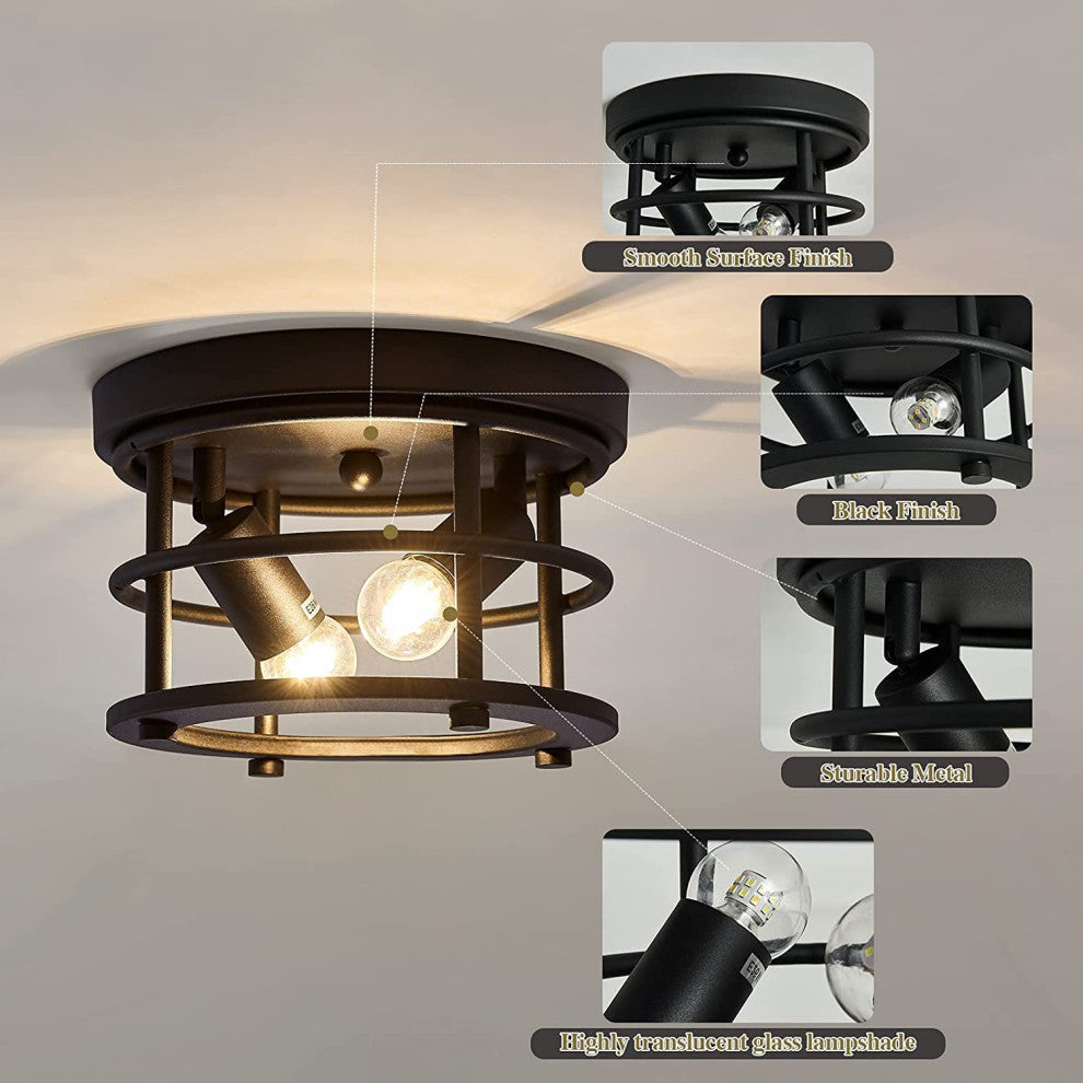 2 light vintage Close to Ceiling Light Fixture black ceiling lamp for farmhouse