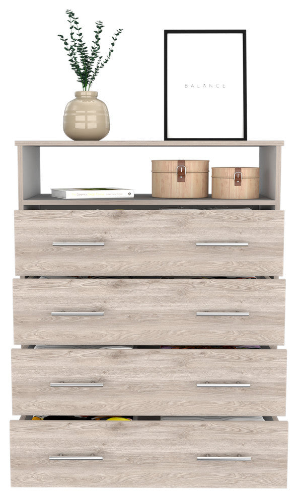 Lagos 4 Drawer Dresser with Open Shelf and Metal Handles, Light Gray