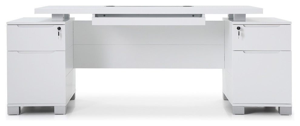 79"� Modern Ford White Matte Lacquer Desk Storage/Filing Drawers Keyboard Tray