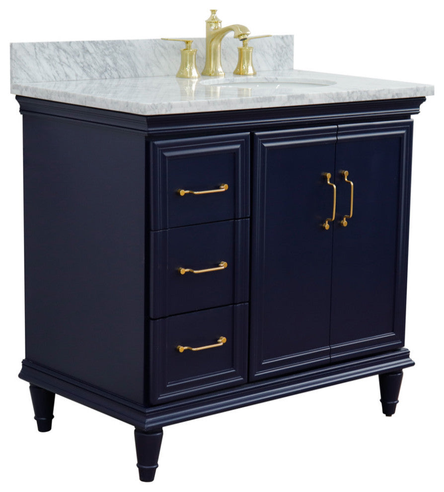 37" Single Vanity, Blue Finish With White Carrara
