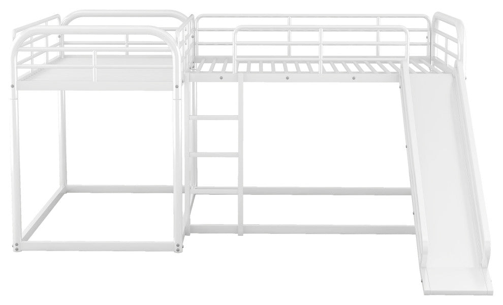 Gewnee Full and Twin Size L-Shaped Bunk Bed with Slide and Short Ladder in White