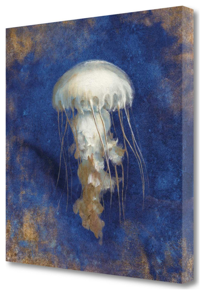 25"  Rustic Deep Blue and Gold Jelly Fish Giclee Wrap Canvas Wall Art