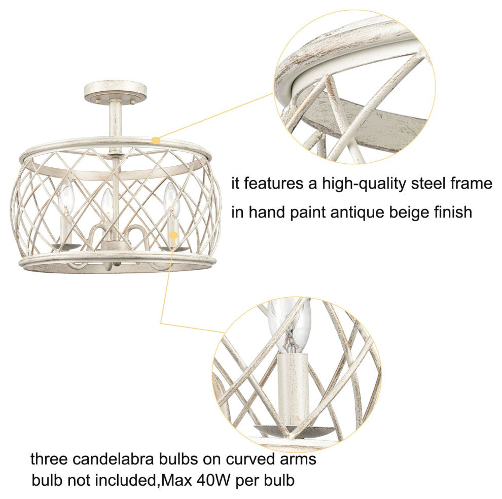 Farmhouse 3-Light Drum Semi Flush Mount Ceiling Light, Beige