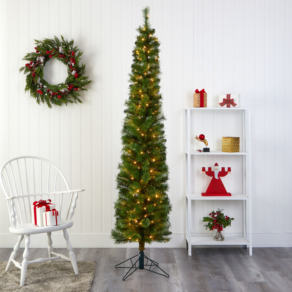 7' Green Pencil Faux Xmas Tree W/Clear Multifunction Lights & Bendable Branches