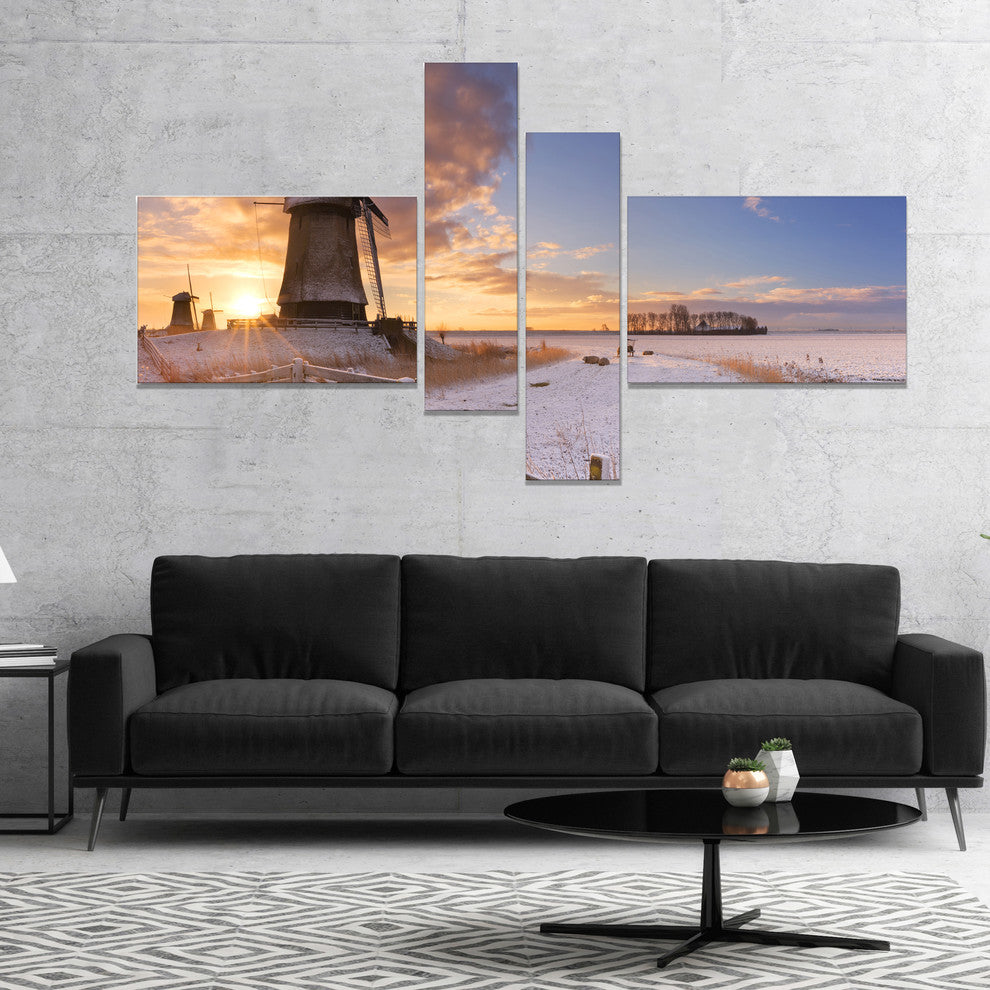 Dutch Windmills at Sunrise, Abstract Canvas Art Print, 60"x32", 4 panels